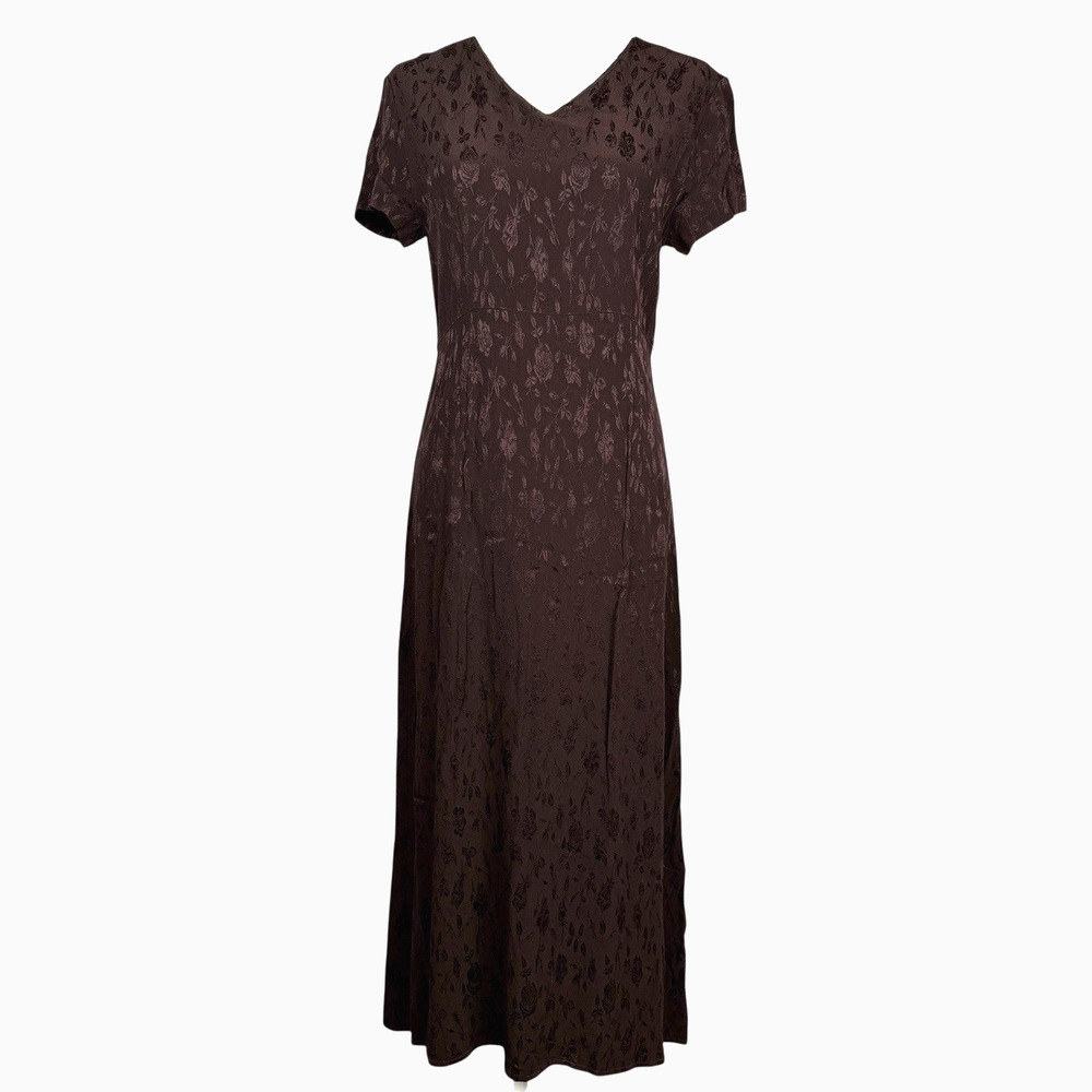 Vintage Laura Ashley Dark Brown Floral Jacquard Womens Midi Dress 8/10 Romantic